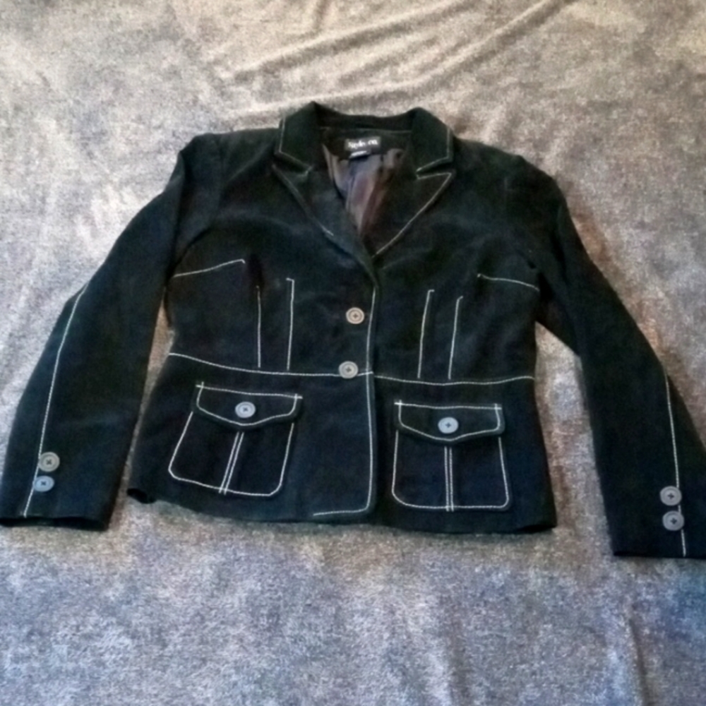 Style & Co black leather two button jacket with white contrast topstitching